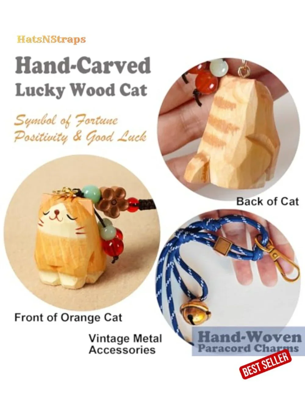 Handmade Wooden Cat Keychain and Paracord Bag Charm Set